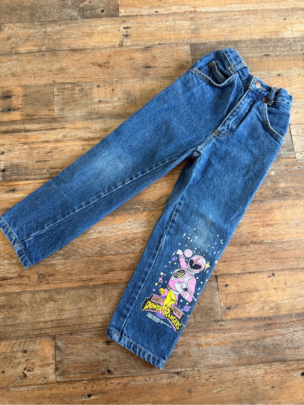 Vintage 90s Blue Denim Jeans Pink Power Rangers Graphic